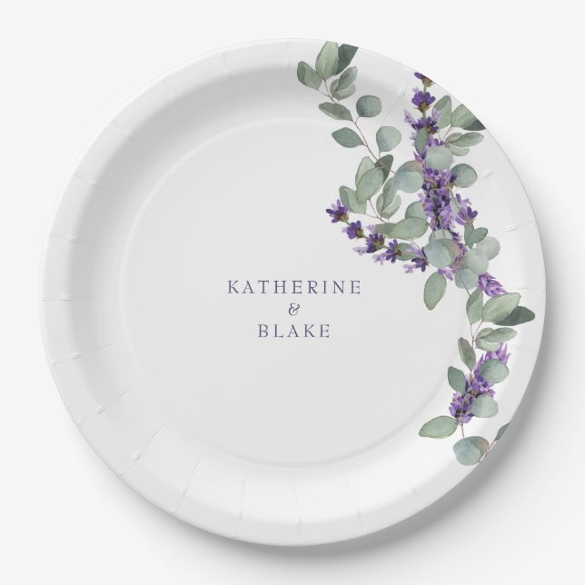 Watercolor Lavender & Eucalyptus Names Wedding Paper Plate (Front)