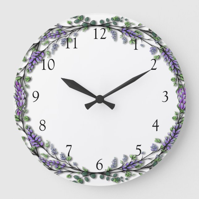 Watercolor lavender eucalyptus purple floral  large clock (Front)