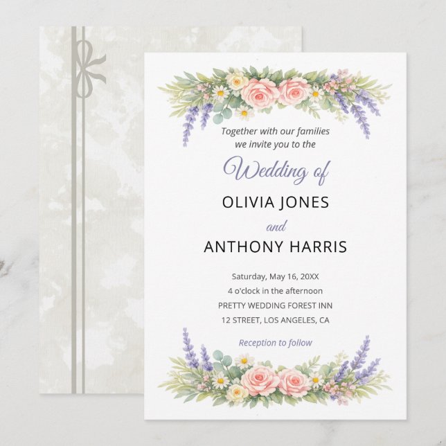 Watercolor Lavender Eucalyptus Rose Wedding Invitation (Front/Back)