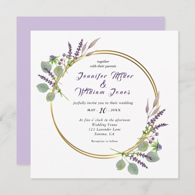 Watercolor Lavender & Eucalyptus wedding Invitation (Front/Back)