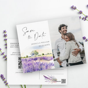 Watercolor Lavender Field Wedding Save the Date Postcard