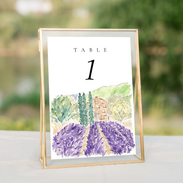 Watercolor Lavender Fields 5x7" Wedding Table No (Watercolor lavender fields wedding table number sign.)