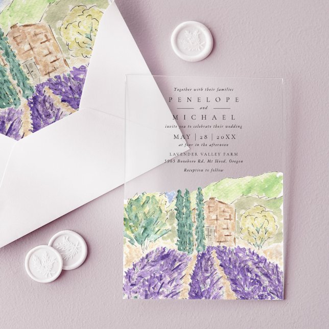 Watercolor Lavender Fields Wedding Acrylic Invitations (Modern Watercolor Lavender Fields Wedding Acrylic Invitations)