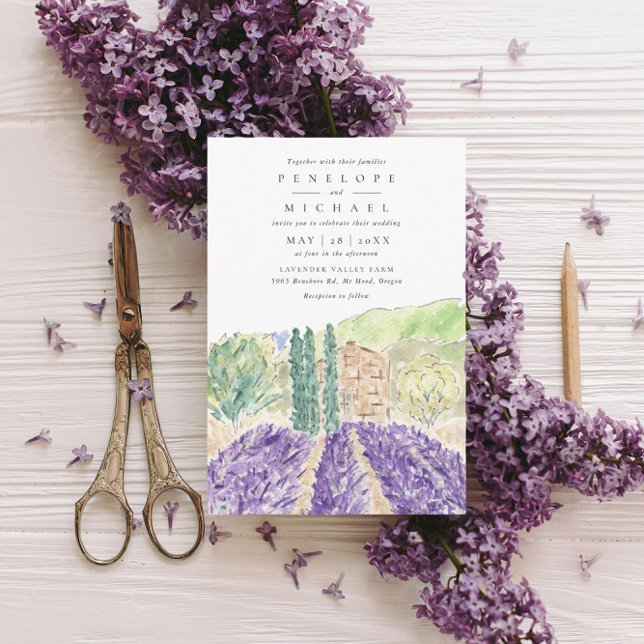 Watercolor Lavender Fields Wedding Invitation (Watercolor lavender fields wedding invitation.)