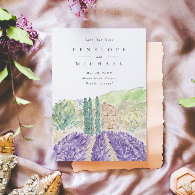 Watercolor Lavender Fields Wedding Save The Date (Watercolor lavender fields wedding Save the Date invitation card.)