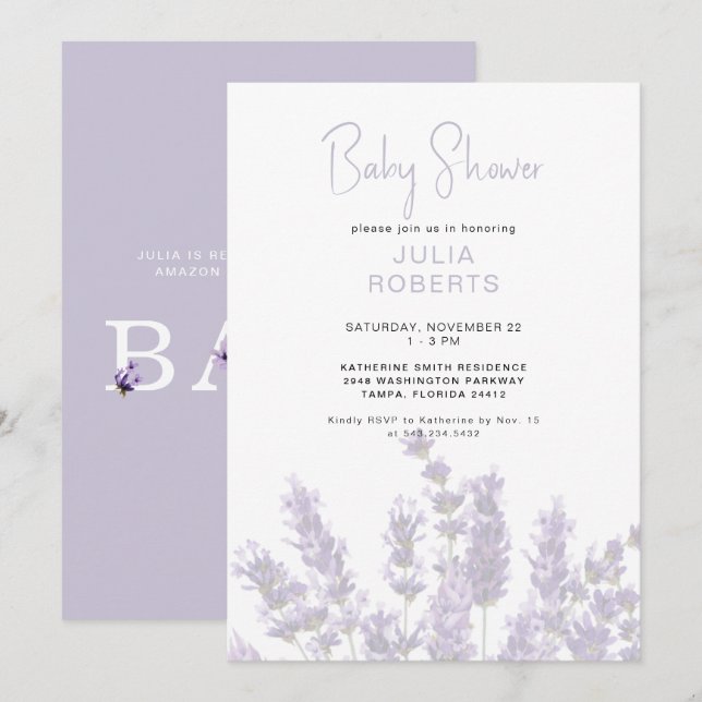 Watercolor Lavender Floral Baby Shower II Invitation (Front/Back)