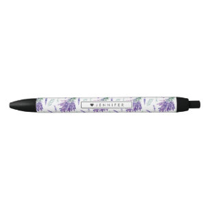 Watercolor Lavender Floral Bouquet Personalised Black Ink Pen
