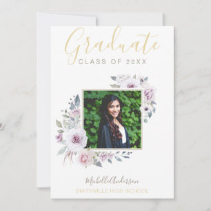 Watercolor Lavender Floral Gold Photo Graduation Announcement