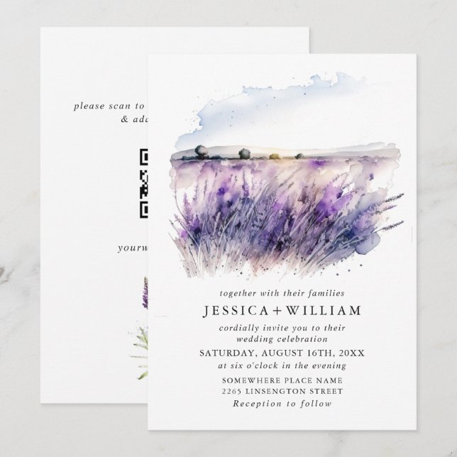 Watercolor Lavender Flowers Field Wedding QR code Invitation (Front/Back)