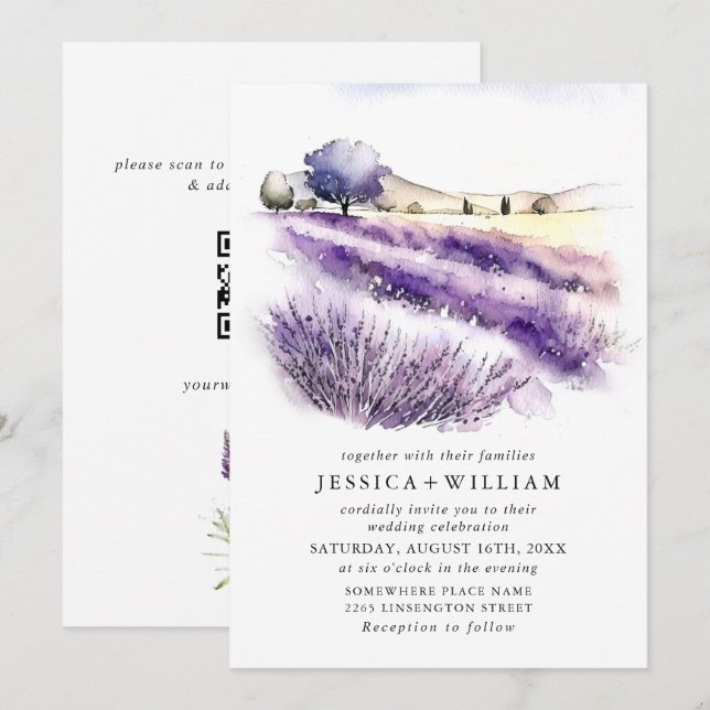 Watercolor Lavender Flowers Field Wedding QR code Invitation (Front/Back)