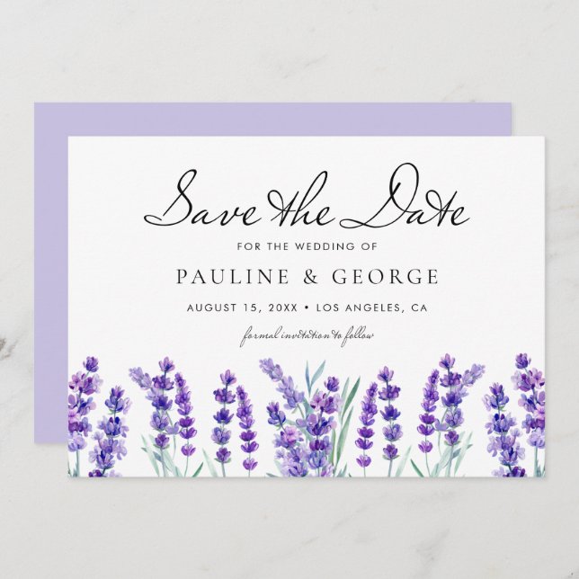 Watercolor Lavender Flowers Floral Bouquet Save The Date (Front/Back)