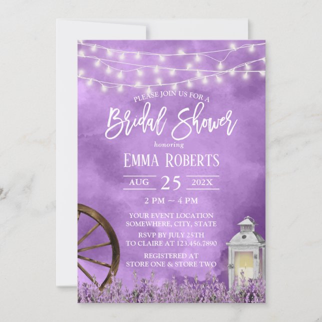 Watercolor Lavender Flowers & Lantern Bridal Showe Invitation (Front)