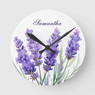 Watercolor Lavender Flowers Round Clock