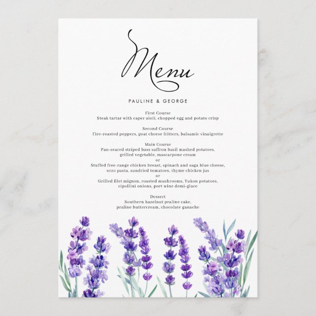 Watercolor Lavender Flowers Spring Wedding Menu (Front)