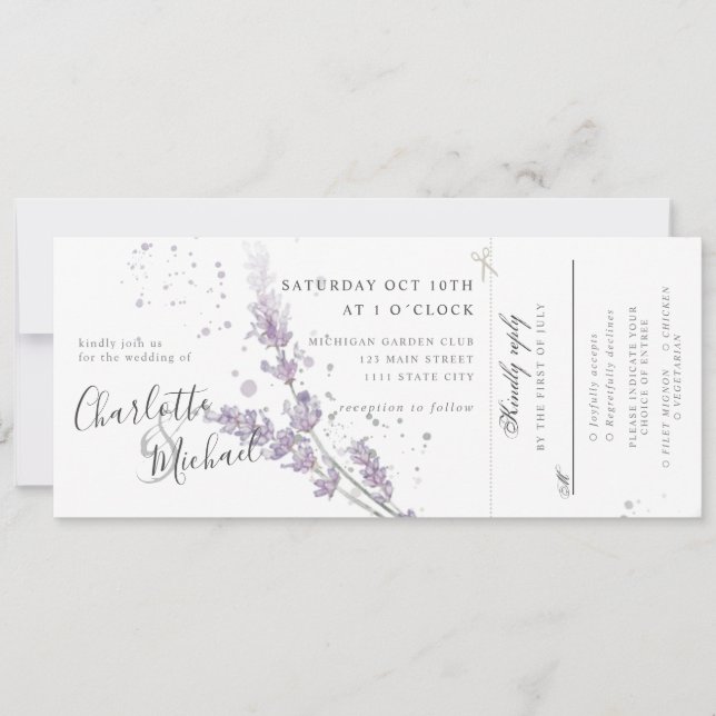 Watercolor lavender flowers w rsvp attached weddin invitation (Front)