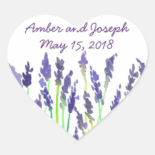 Watercolor Lavender Flowers Wedding Date Heart Sticker (Front)