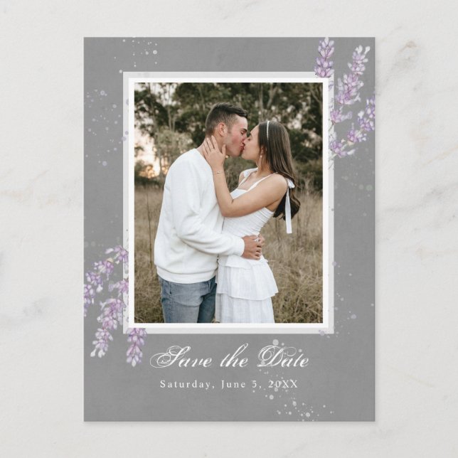 Watercolor lavender flowers wedding save the date postcard (Front)
