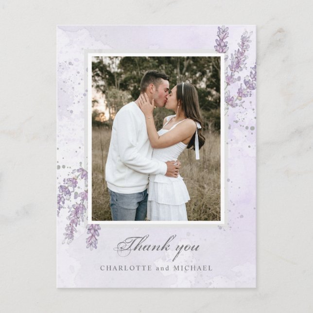 Watercolor lavender flowers wedding thanks photo p postcard (Front)
