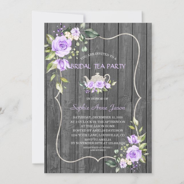 Watercolor Lavender Flowers Wood Bridal Tea Party Invitation (Front)