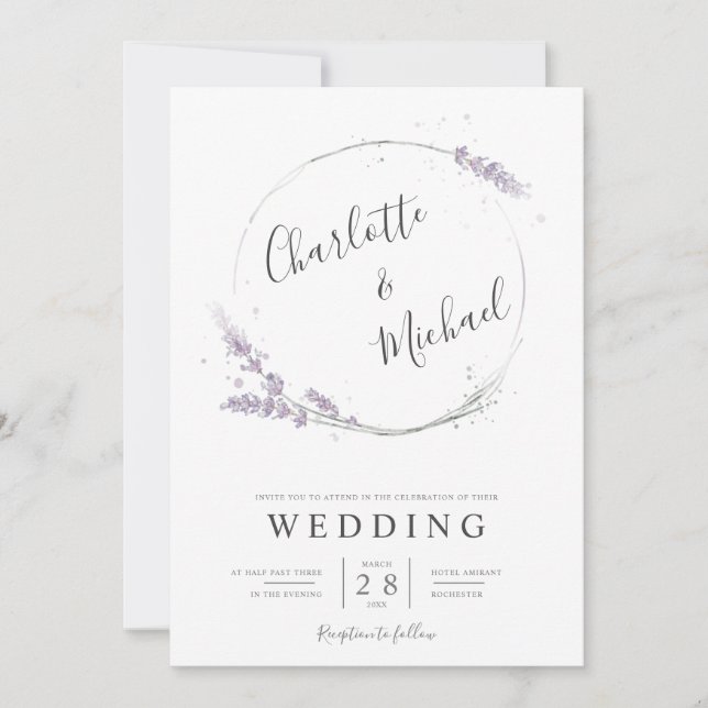Watercolor lavender flowers wreath wedding invitation (Front)