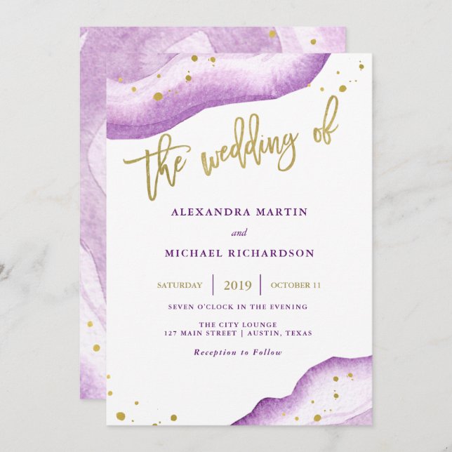 Watercolor Lavender Gold Geode Wedding Invitation (Front/Back)