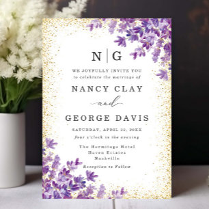 Watercolor Lavender Gold Glitter Monogram Wedding Invitation