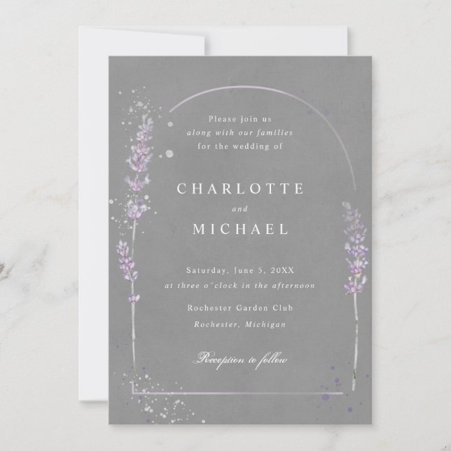Watercolor lavender grey elegant arch wedding invitation (Front)