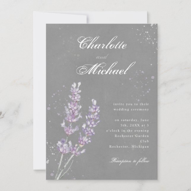 Watercolor lavender grey elegant wedding invitation (Front)