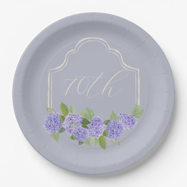 Watercolor Lavender Hydrangea 70th Birthday Paper Plate (Front)