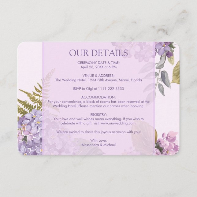 Watercolor Lavender Hydrangea Fern Leaves Wedding Enclosure Card (Front)
