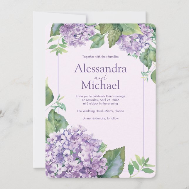 Watercolor Lavender Hydrangea Fern Leaves Wedding Invitation (Front)