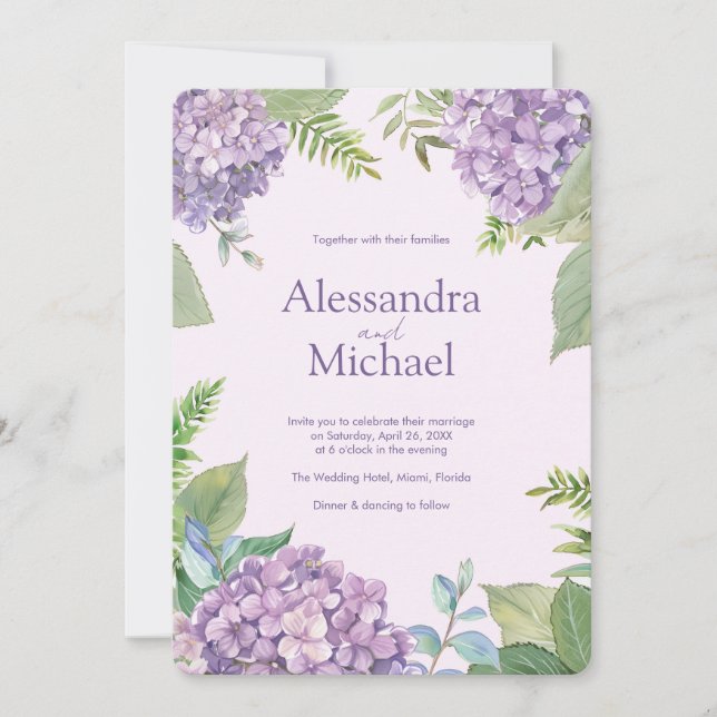 Watercolor Lavender Hydrangea Fern Leaves Wedding Invitation (Front)