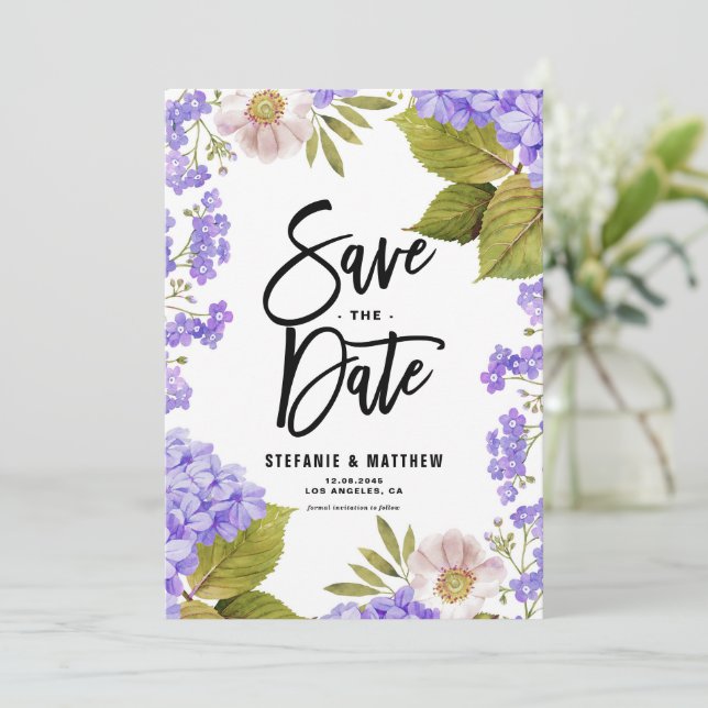 Watercolor Lavender Hydrangea Floral Save The Date (Standing Front)