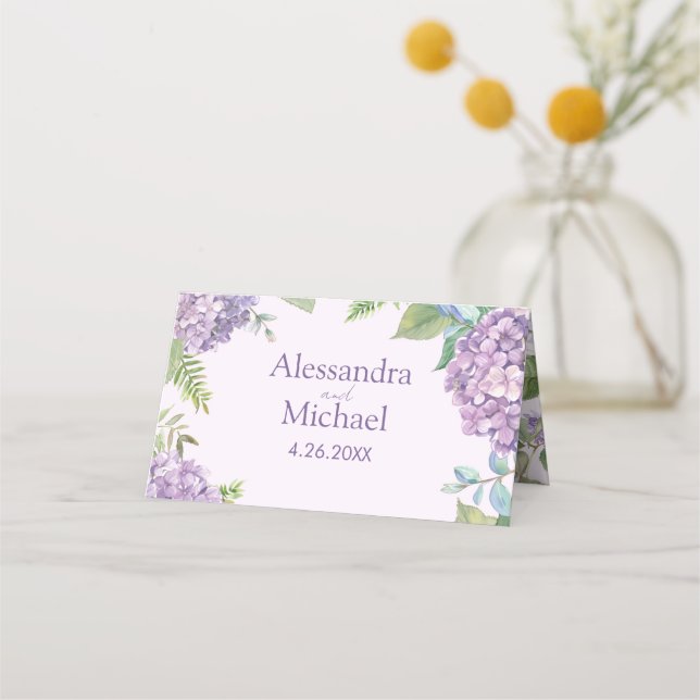 Watercolor Lavender Hydrangea Flowers Fern Wedding Place Card (Front)