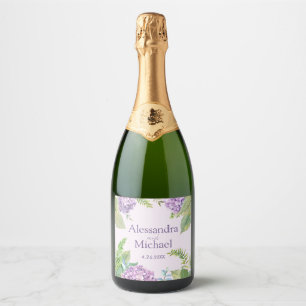 Watercolor Lavender Hydrangea Flowers Wedding Sparkling Wine Label