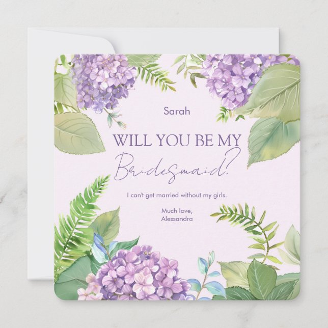 Watercolor Lavender Hydrangea Wedding Bridesmaid Invitation (Front)
