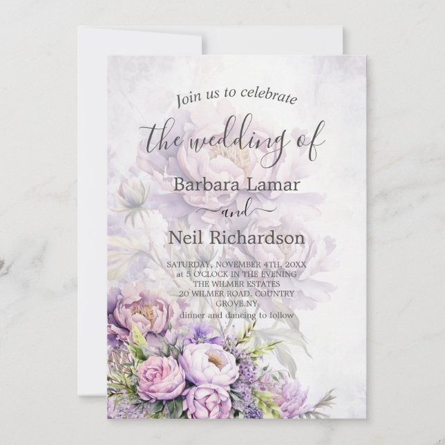 Watercolor Lavender Peony Photo QR Code Wedding Invitation (Front)