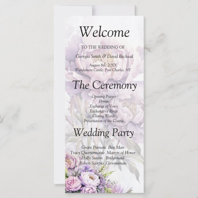 Watercolor Lavender Peony Wedding Program (Front)