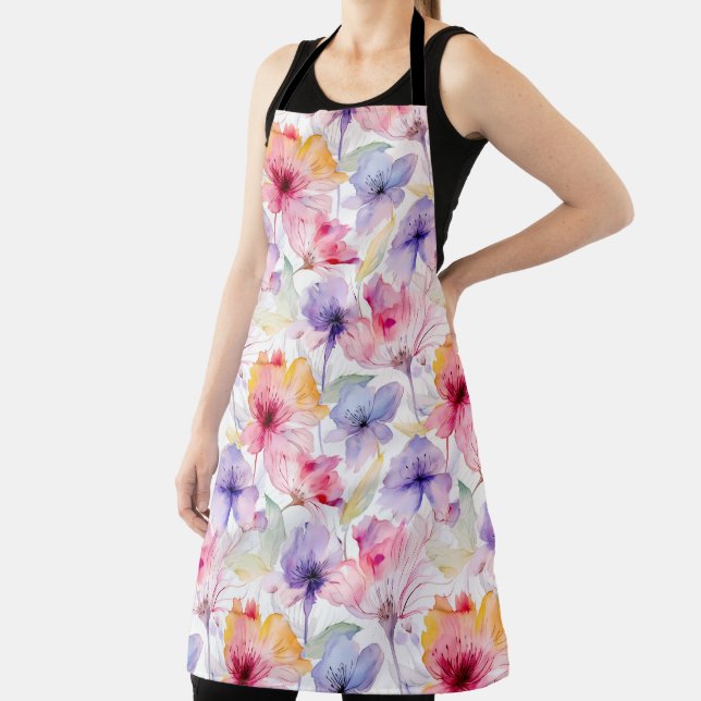 Watercolor Lavender Pink Red Pastel Floral Spring Apron (Insitu)