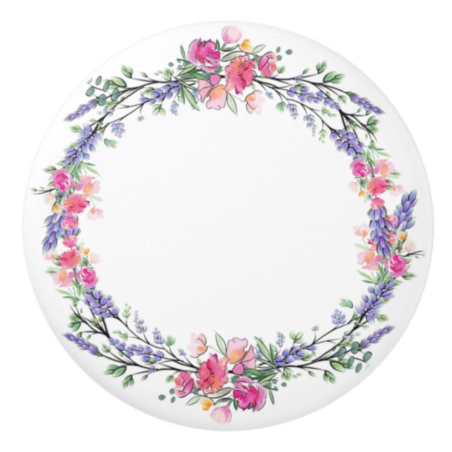 Watercolor Lavender Pink Wild Rose and Eucalyptus Ceramic Knob (Front)