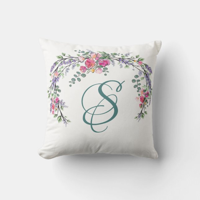 Watercolor Lavender Pink Wild Rose and Eucalyptus Cushion (Front)