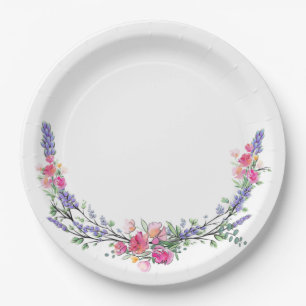 Watercolor Lavender Pink Wild Rose and Eucalyptus Paper Plate