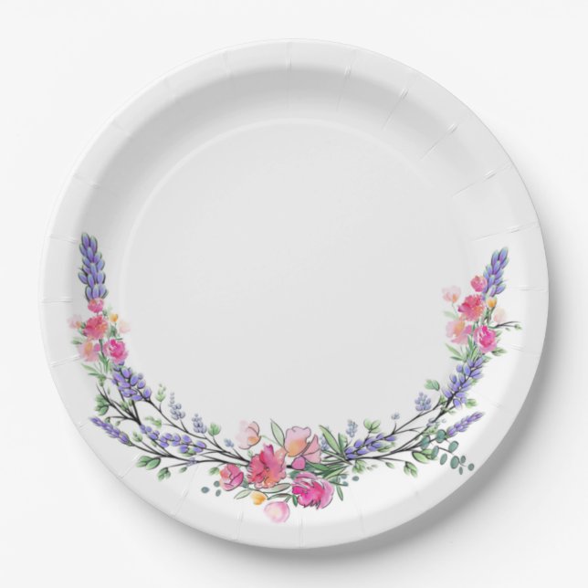Watercolor Lavender Pink Wild Rose and Eucalyptus Paper Plate (Front)