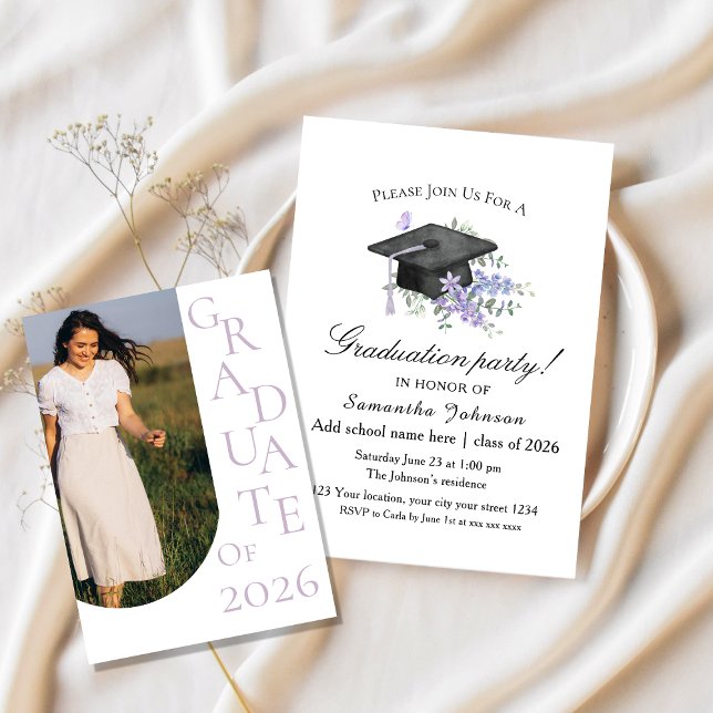 Watercolor Lavender  Purple Floral Graduation  Invitation (Creator Uploaded)