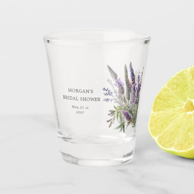 Watercolor Lavender Regal Bridal Shower Shot Glass (Front)