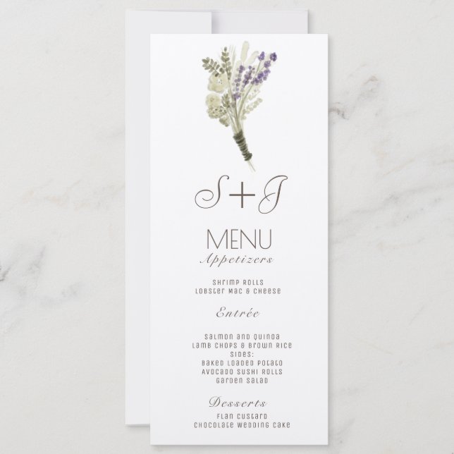 Watercolor Lavender Rustic Bouquet Dinner Menu (Front)