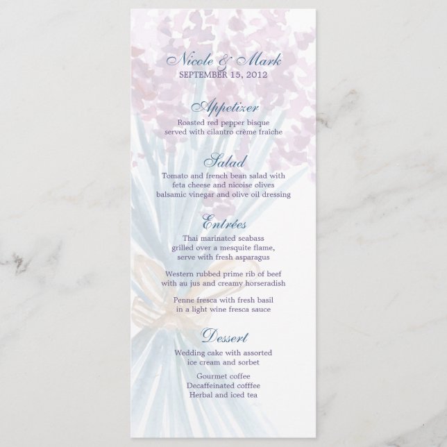Watercolor Lavender Wedding Menu Card (Front)