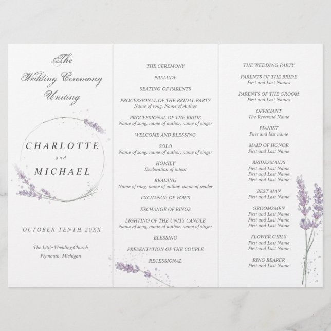 Watercolor lavender wedding program (Front)