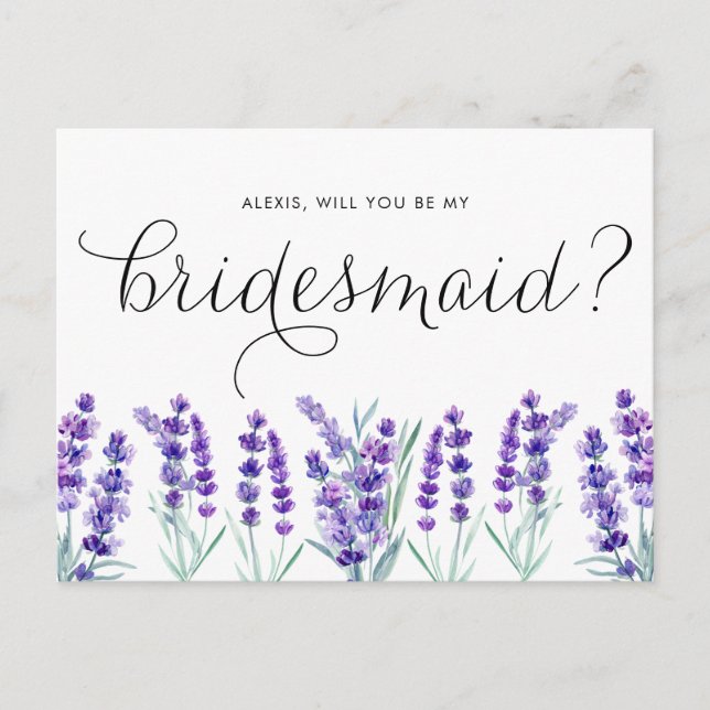 Watercolor Lavender Will You Be My Bridesmaid Invitation Postcard (Front)