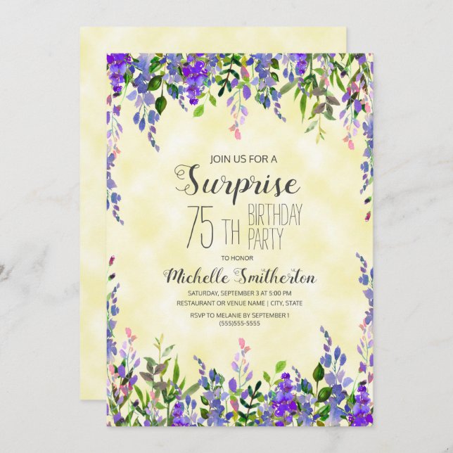 Watercolor Lavender Yellow Surprise 75th Birthday Invitation (Front/Back)